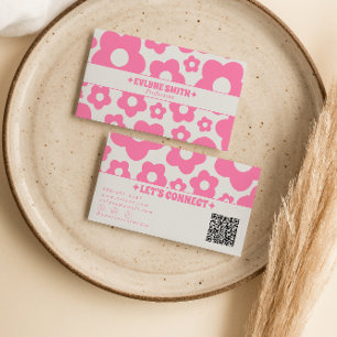 QR-kod Retro Rosa Groovy Blommig Boho Tjejtrendig Visitkort