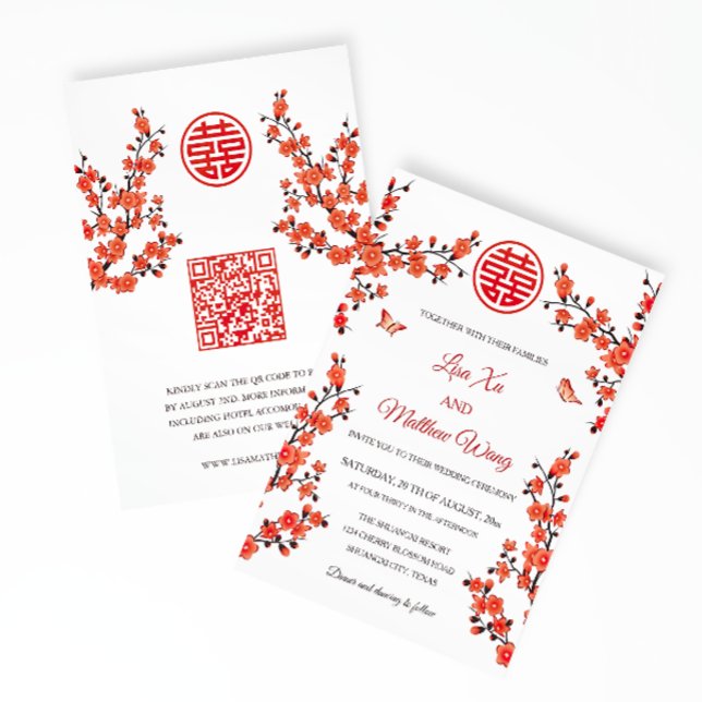 QR-kod | Röda Blomningar | Kinesisk Bröllop Inbjudningar (Skapare uppladdad)