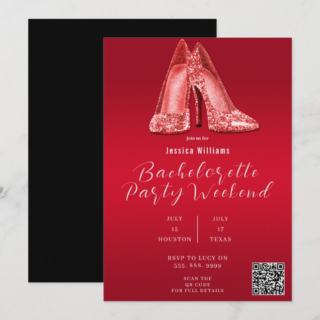 QR-KOD Röda Glittrande Skor Systerfest Inbjudningar (Fram/baksida)