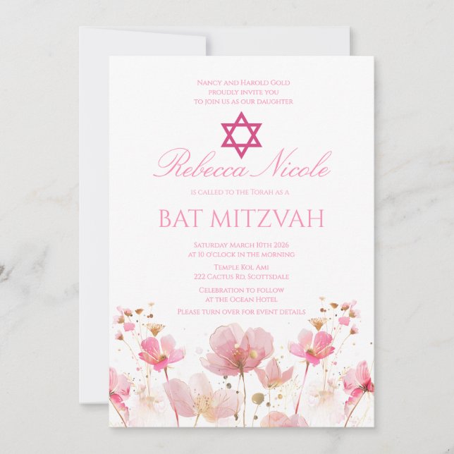 QR-kod Rosa akvarell Blommig Bat Mitzvah  Inbjudningar (Framsida)