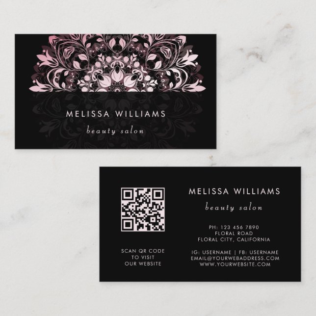 QR-kod | Rosa Blank Svart Blommig Mandala Visitkort (Fram/baksida)
