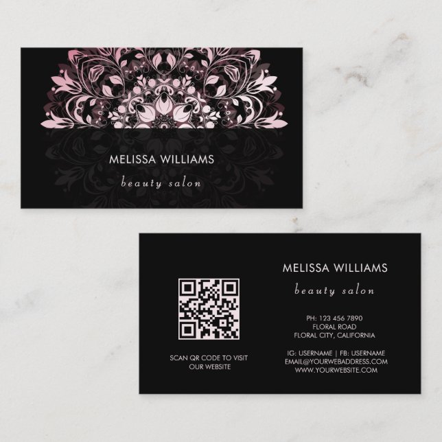 QR-kod | Rosa Blank Svart Blommig Mandala Visitkort (Fram/baksida)