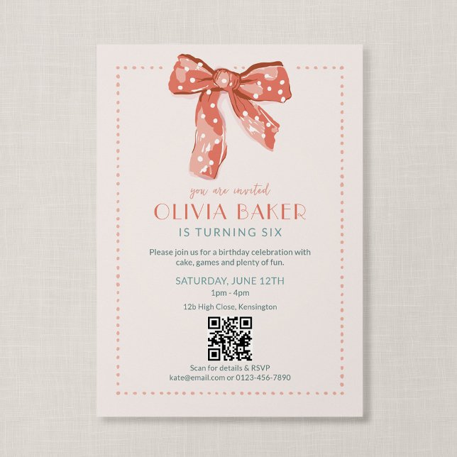 QR-kod Rosa Coquette Bow Flicka Födelsedag Inbjudningar (Heirloom Bow - Coquette themed QR code birthday invitation)