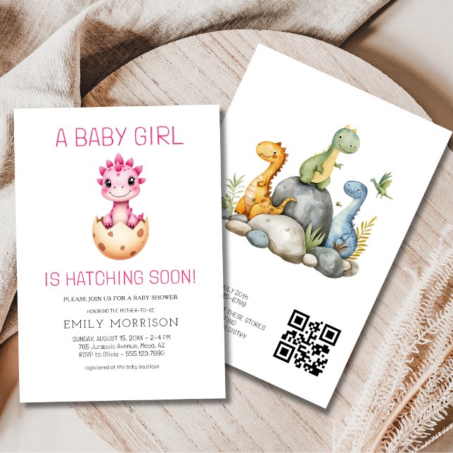 QR-kod Rosa Dinosaur Hatching Soon Baby Shower Inbjudningar (Skapare uppladdad)