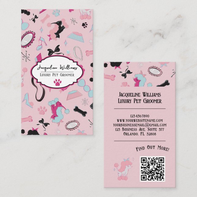 QR-kod Rosa feminint husdjursvårdare i mitten av s Visitkort (Fram/baksida)