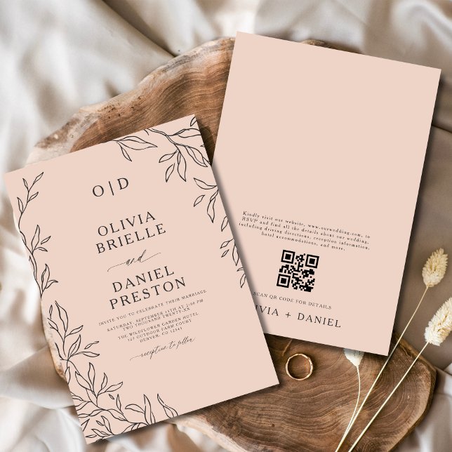 QR-kod  Rosa Minimal Löv Bröllop Inbjudningar (Skapare uppladdad)