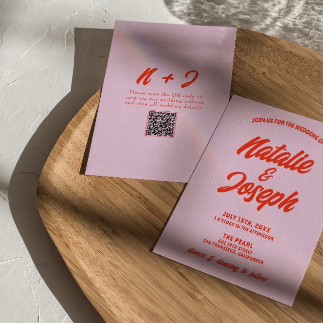 QR-kod Rosa Orange Ljus Funky Unik Bröllop Inbjudningar (Skapare uppladdad)