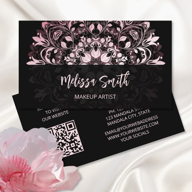 QR-kod | Rosa Shiny Black Blommigt Mandala Visitkort (Skapare uppladdad)