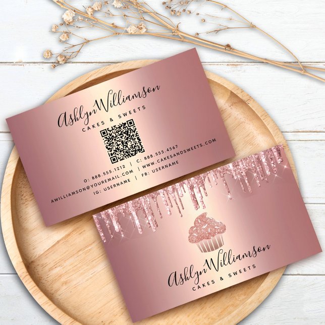QR-kod Rose Gold Cupcake Glitter Drips Bageri Visitkort (Skapare uppladdad)