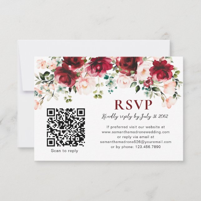 QR-kod RSVP-kort Burgundy Blush Blommig Bröllop OSA Kort (Framsida)