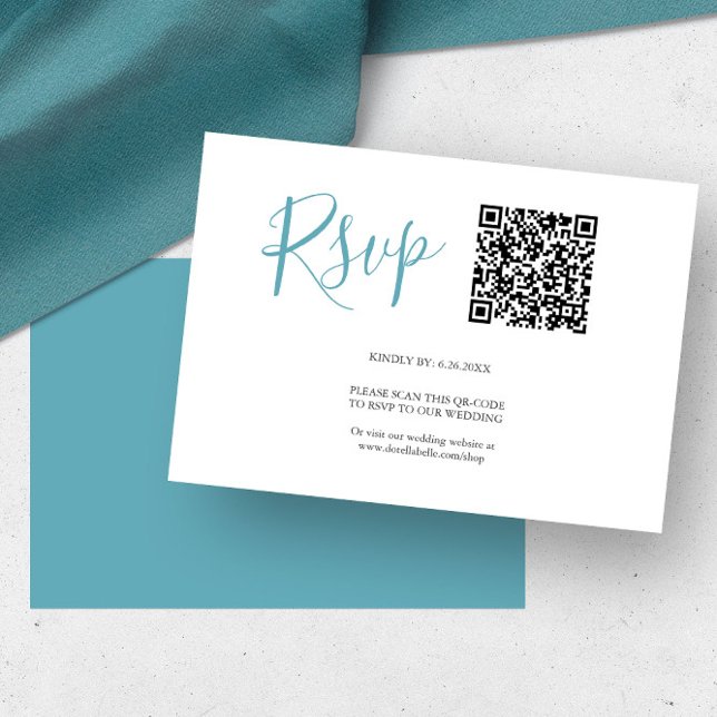 QR-kod RSVP-kort Turkosblå OSA Kort (rsvp card examples QR code turquoise blue by Victoria Grigaliunas of Do Tell A Belle)
