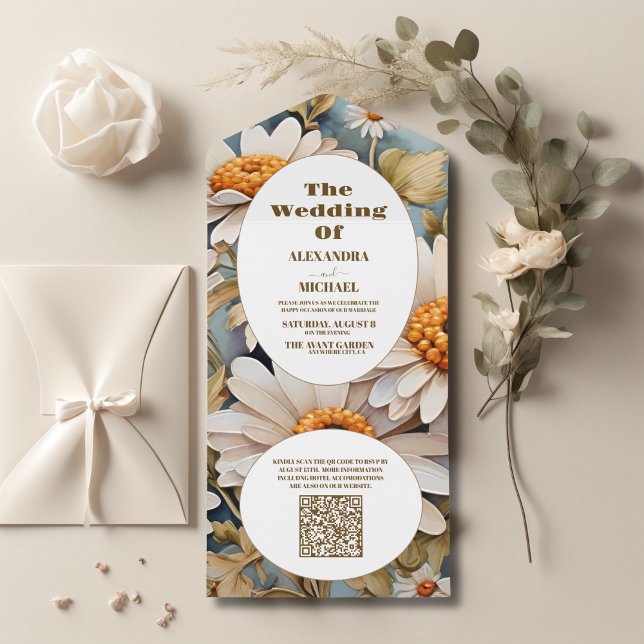 QR-kod Rustic Watercolor White Daisy Bröllop (Skapare uppladdad)