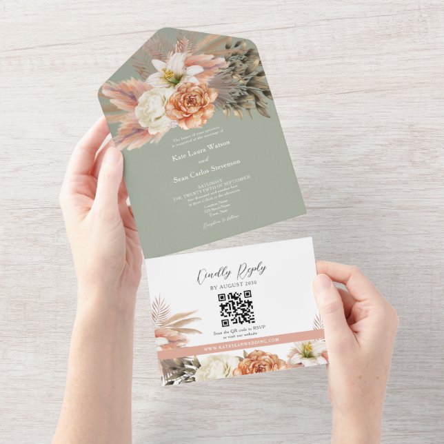 QR-kod Sage Grön Blommig Bröllop (Tearaway)
