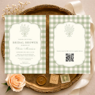 QR-kod Sage Grön Gingham Blommig Bröllopsfest Inbjudningar