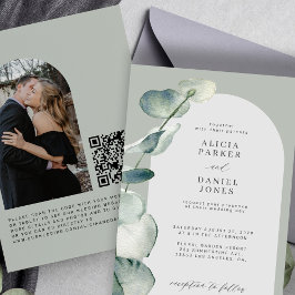 QR-KOD sagegrön eukalyptus valv FOTO bröllop Inbjudningar