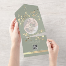 QR-kod Sagegrön Guld Blommig Bröllop