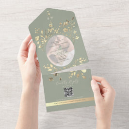 QR-kod Sagegrön Guld Blommig Bröllop