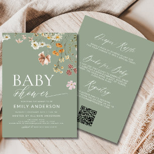 QR-kod Sagegrön vildblomma Baby Shower Inbjudningar