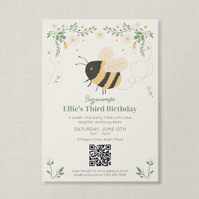QR-kod Sagobok Honey Bee Barnkalas Inbjudningar (Wildflower Flight - Honeybee QR Code Birthday Invitation)