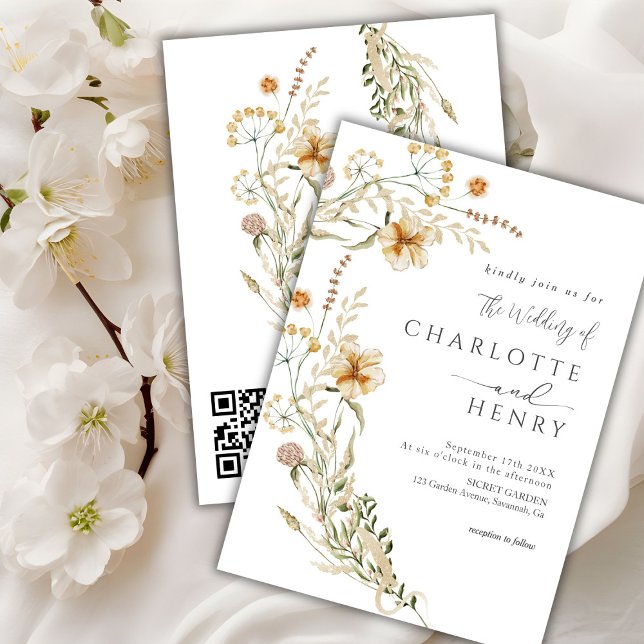 QR-kod Simple Wildblommor Garden Wedding Inbjudningar (Skapare uppladdad)