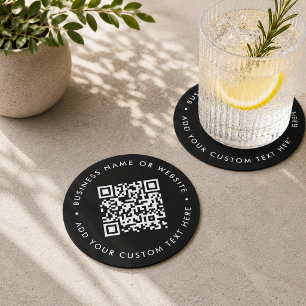QR-kod   Skanna Mig Svart Modern Stilfull Näringsl Underlägg Papper Rund