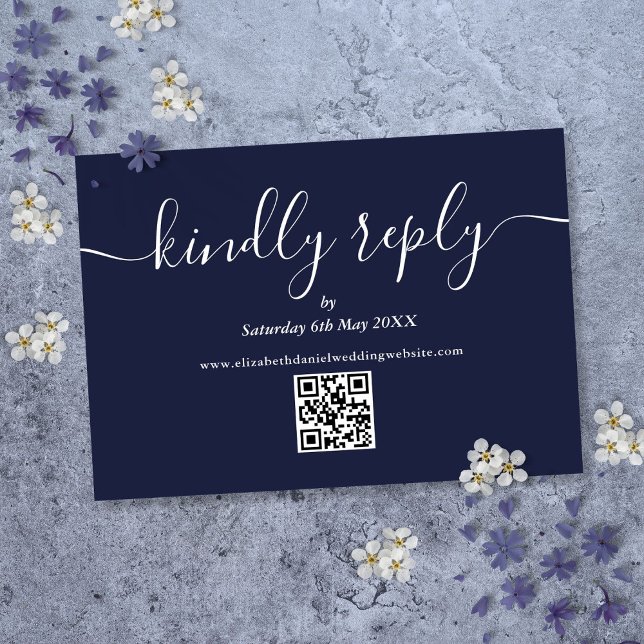 QR-kod Skriftligt svar Marinblå Bröllop (QR Code Script Kindly Reply Navy Blue Wedding RSVP Card)