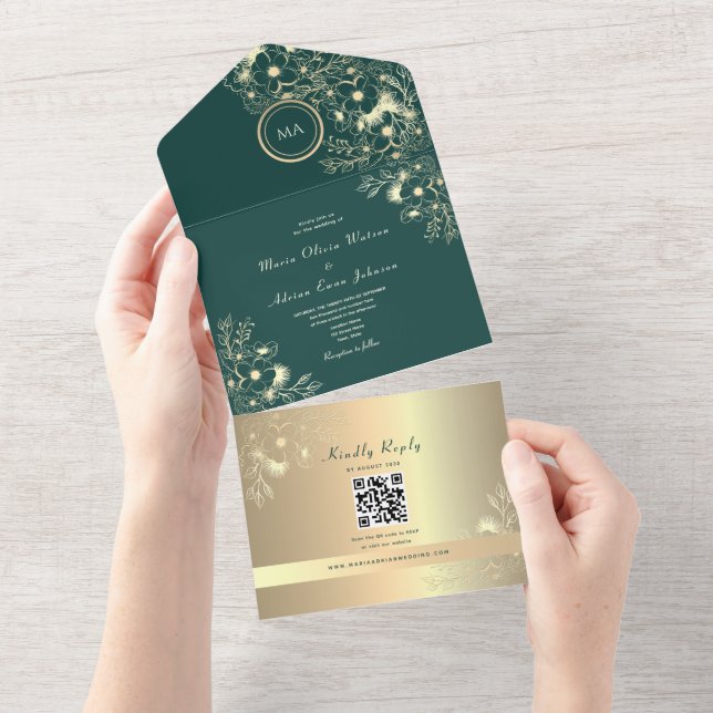 QR-kod Smaragd Guld Blommig Bröllop (Avrivbar del)