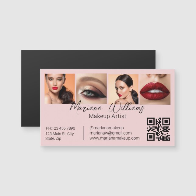 qr-kod sminkartist 4 foto rosa näringsmagnet (Fram/baksida)