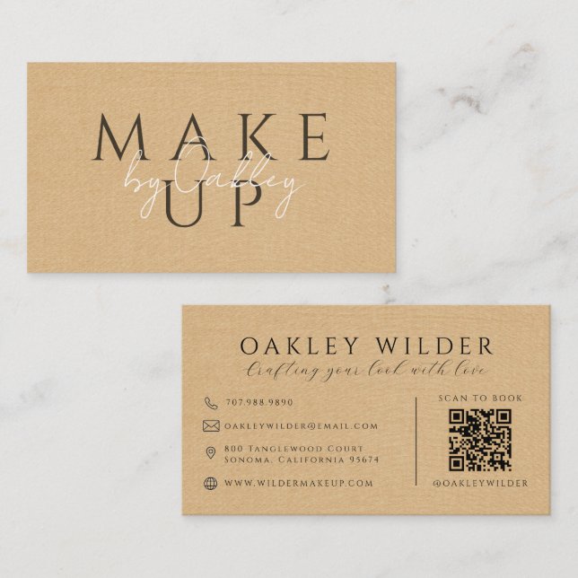 QR-kod Sminkartist Beige Falskt Linne Visitkort (Fram/baksida)