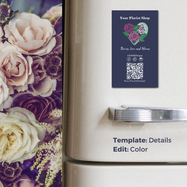 💐 QR-kod Social Media Lila-Blue Florist Magnetiska Visitkort (💐Custom Purple-Blue Florist Business Card Magnet, Heart of Roses, Social Icons, QR code)