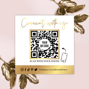 QR-kod Social Media White & Guld Affärskort Fyrkantigt Visitkort