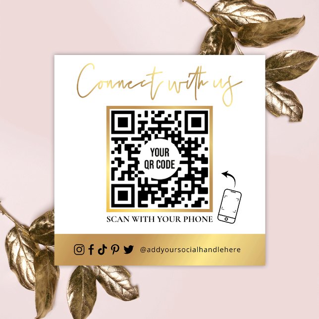 QR-kod Social Media White & Guld Affärskort Fyrkantigt Visitkort (Skapare uppladdad)