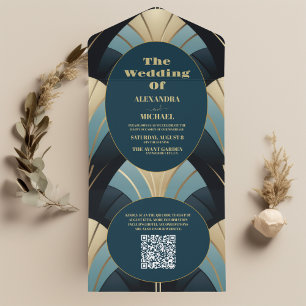 QR-kod sofistikerad Blue and Guld Art Deco Weddi