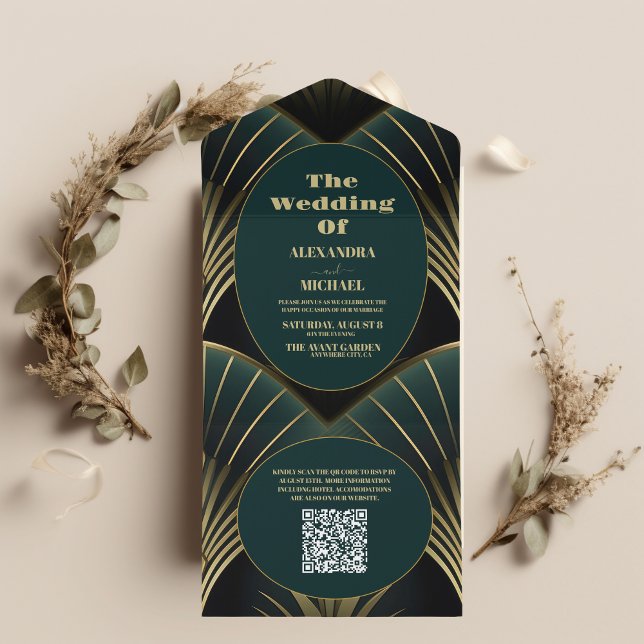 QR-kod Sofistikerad Grönt och Guld Art Deco Wedd (Skapare uppladdad)