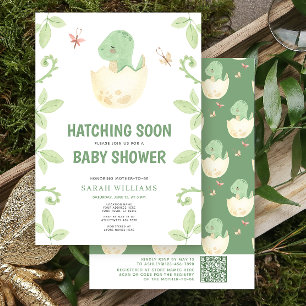 QR-kod Söt dinosaurie kläcks snart Baby Shower Inbjudningar