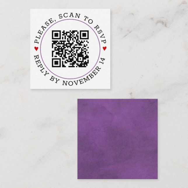 QR-kod svarar violett kant och hjärtan bröllop Tilläggskort (Fram/baksida)