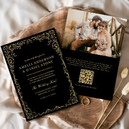 QR-kod Svart Guld-fotominimalistisk Bröllop Inbjudningar
