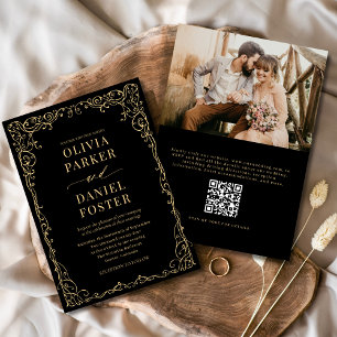 QR-kod Svart Guld-fotominimalistisk Bröllop Inbjudningar
