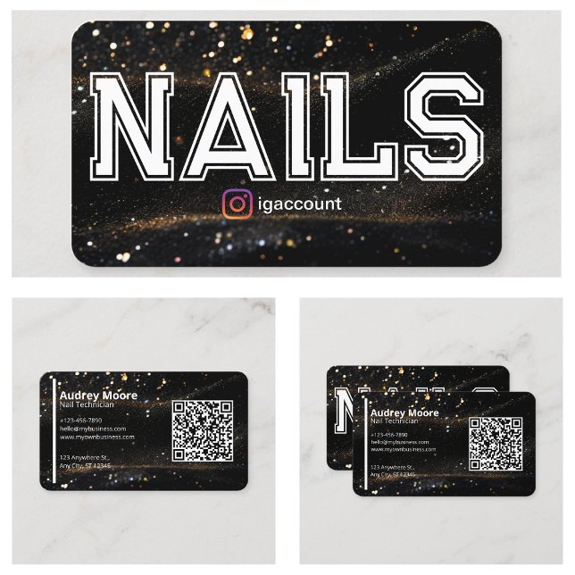 QR-kod Svart Guld Professionell Nageltekniker Visitkort (QR Code Black Gold Professional Nail Tech Business Card
)