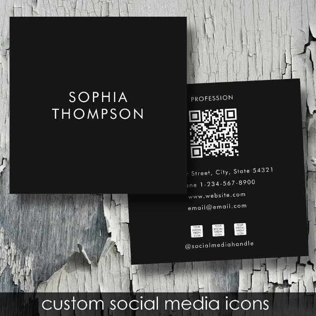 QR-kod Svart minimalistmedieikoner i Social Fyrkantigt Visitkort (QR Code Black Minimalist Social Media Icons Square Business Card)