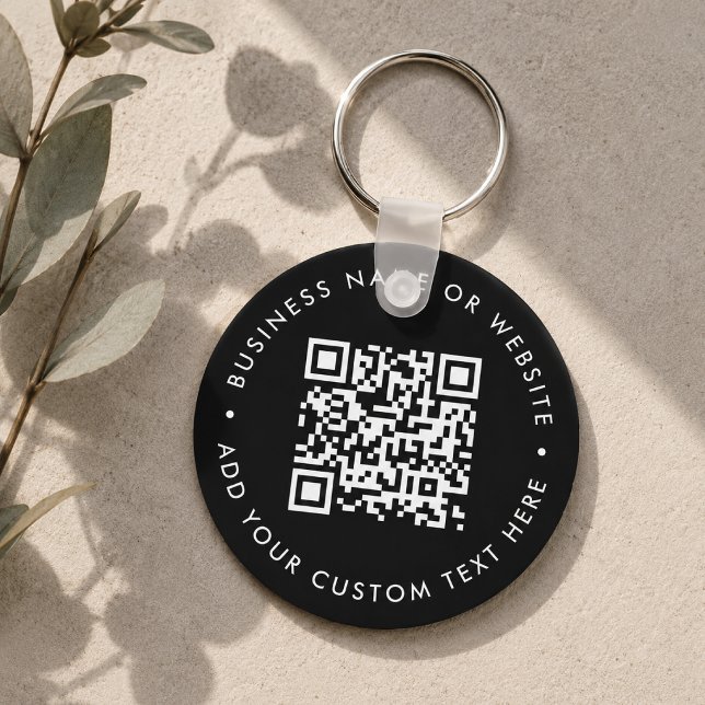 QR-kod | Svart Modern Budget Runt Nyckelring (Interactive editable QR code budget keychains to promote your business, products or services.)