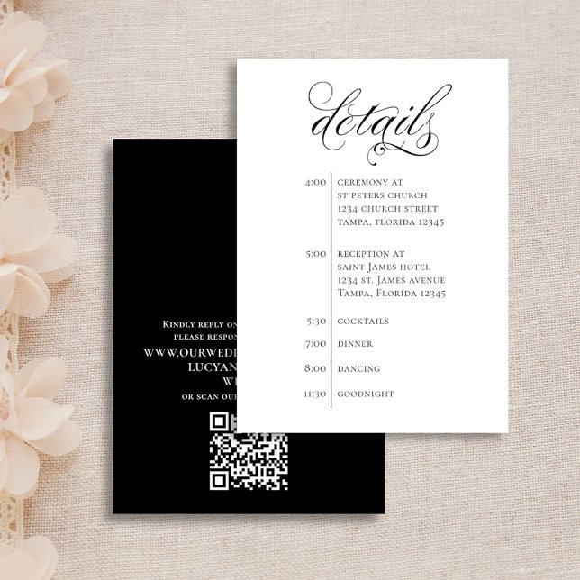 QR-kod, svart och vit tidslinje för bröllop Tilläggskort (Simple black and white wedding details enclosure card with scannable QR Code. )