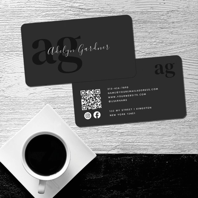 QR-kod Svart Vit Monogram Skript Sociala Medier Visitkort (Skapare uppladdad)