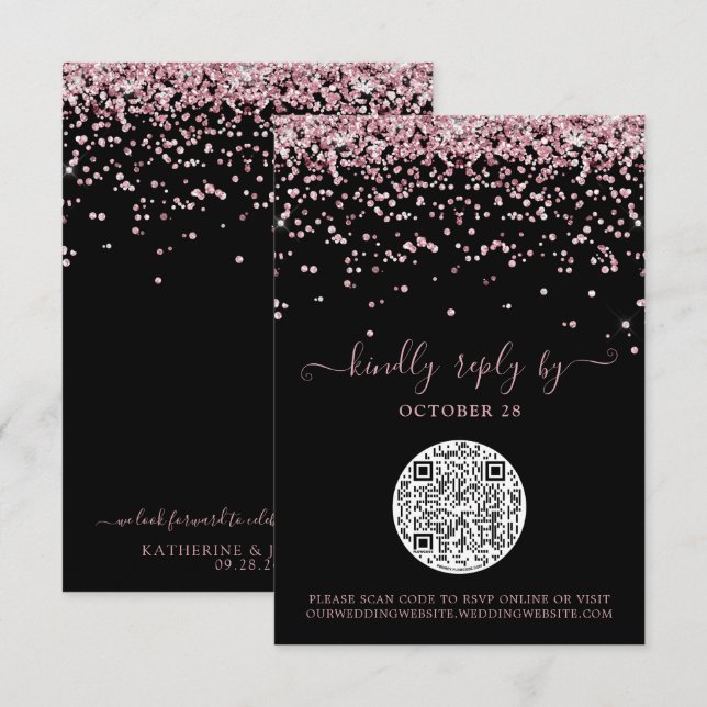 QR-kod Svarta Ro Guld Rosa Glitter Bröllop OSA (Fram/baksida)