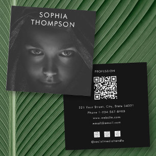 QR-kod, svarta, vita fotomedieikoner i Social Fyrkantigt Visitkort