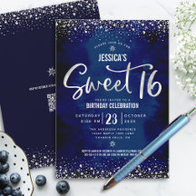 QR-kod Sweet 16 Silver Script Navy Watercolor