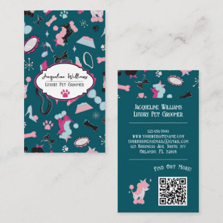 QR-kod Teal Girly Mid-Century Husdjur Groomer III Visitkort