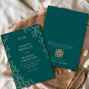 QR-kod Teal Grönt & Guld Minimal Löv Bröllop Inbjudningar
