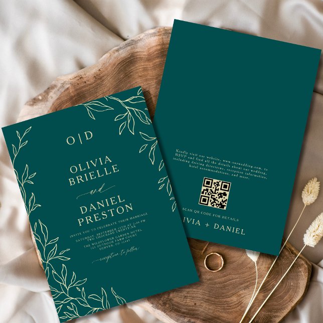 QR-kod Teal Grönt & Guld Minimal Löv Bröllop Inbjudningar (Skapare uppladdad)