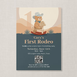 QR-kod Teddybjörn Cowboy Första Rodeo Födelsedag Inbjudningar